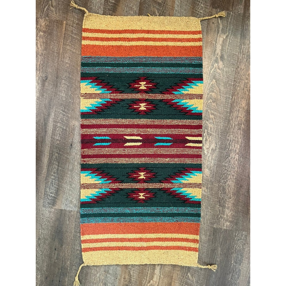 Vintage Southwestern Zapotec Handwoven Wool Rug Runner Geometric Tassels 41x20